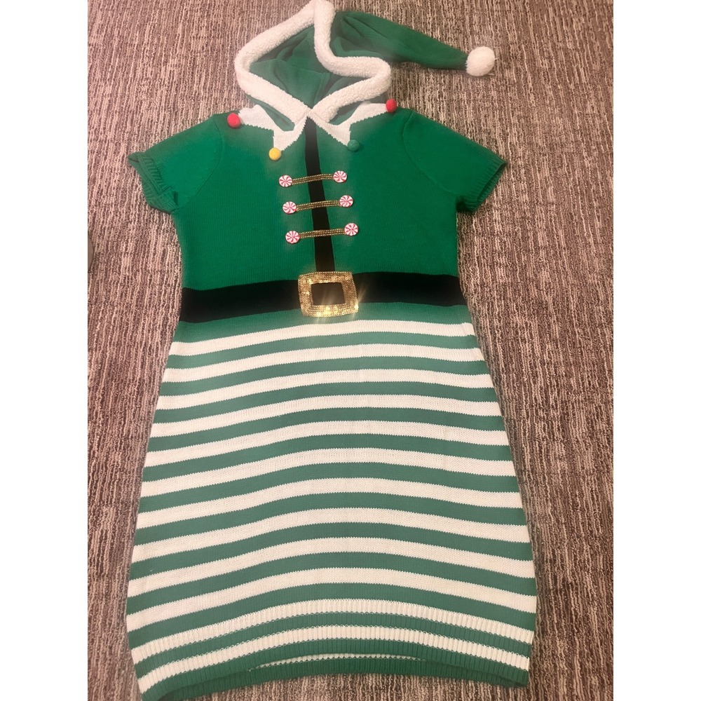 No Boundaries Christmas Elf Sweater Dress Green Striped Hooded Holiday Large